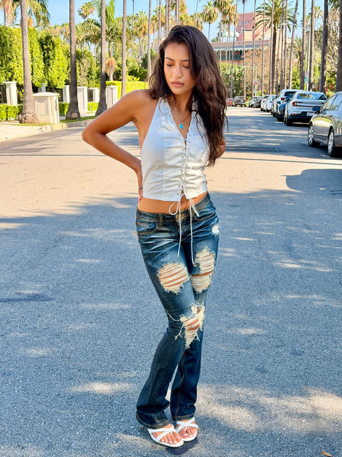 distressed vintage wash flare jeans
